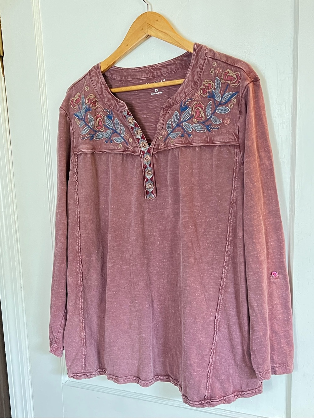 NorthStyle Embroidered Henley Tunic - Mauve with Blue Accents